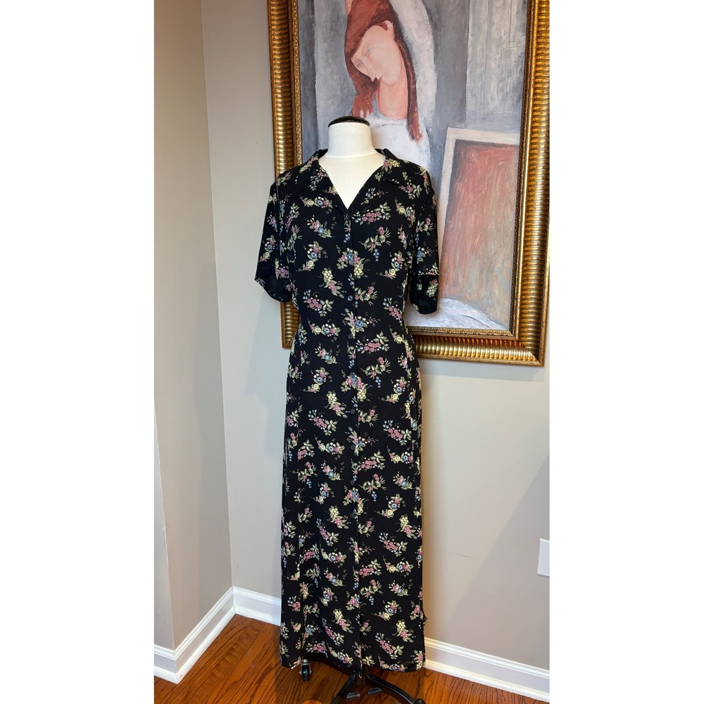 Vintage Jones New York Sport Floral Maxi Dress Black Button Front Size 18W 90s
